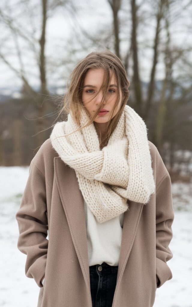 A natural-looking young woman wearing a neutral wool coat layered with a chunky scarf over a simple winter outfit. Theme winter outfits aesthetic