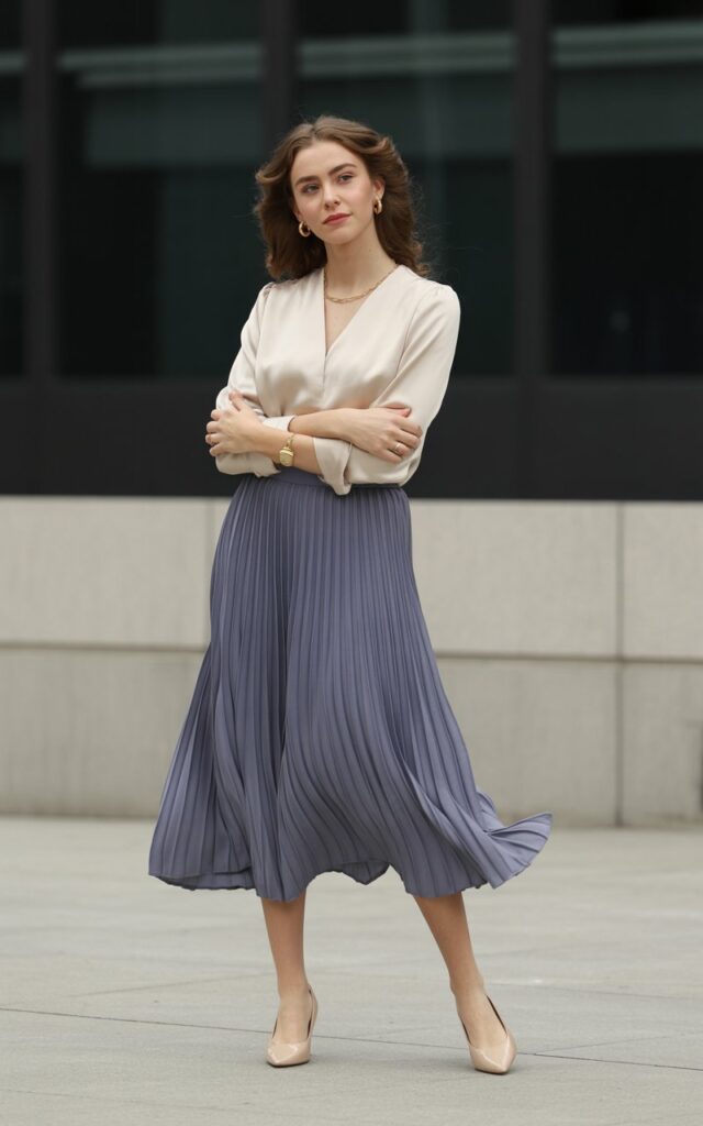 A natural-looking young woman wearing a pleated midi skirt styled with a fitted top and subtle accessories. Theme semi formal outfits for women