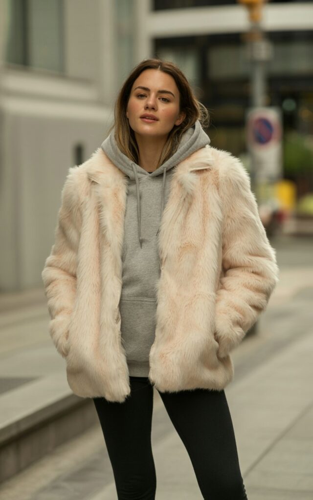 A natural-looking young woman wearing a plush faux fur coat styled with a casual hoodie and leggings. Theme faux fur coat outfit