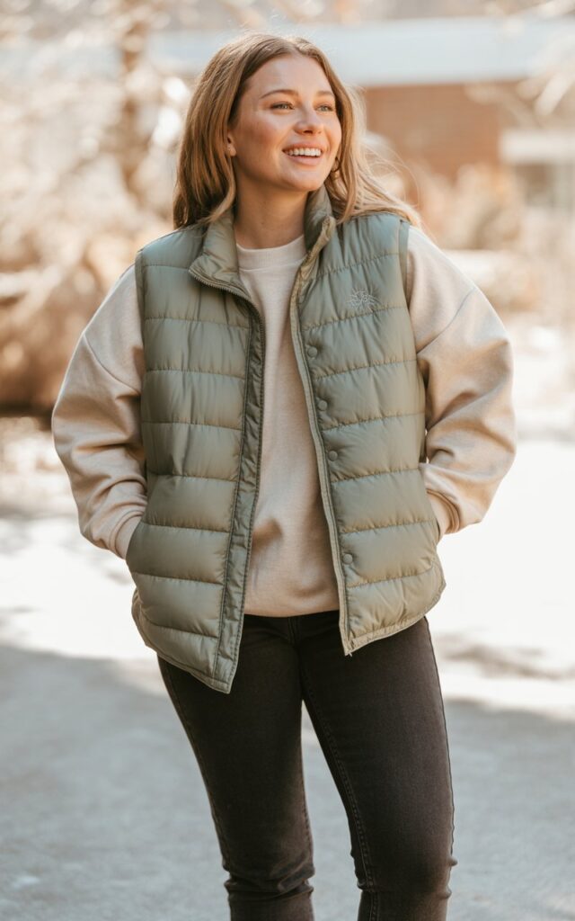 A natural-looking young woman wearing a puffer vest layered over a thermal top with skinny jeans. Theme cute casual winter outfits
