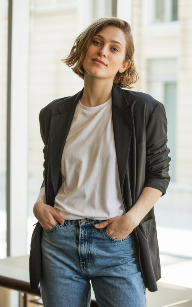 A natural-looking young woman wearing a relaxed blazer layered over a casual tee and denim jeans. Theme chill outfits