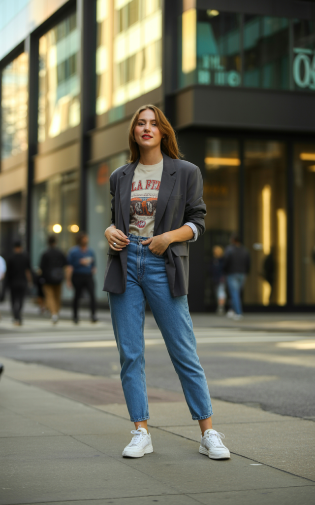 A natural-looking young woman wearing a relaxed blazer layered over a graphic tee with classic blue jeans and sneakers. Theme downtown outfits