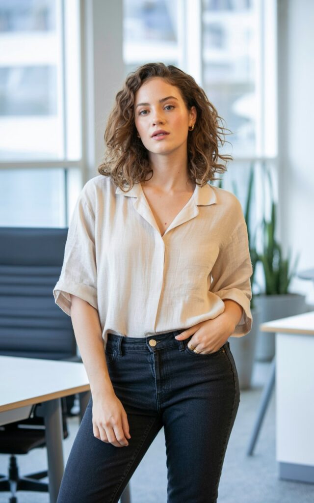 A natural-looking young woman wearing a relaxed blouse styled with dark-wash jeans. Theme casual work outfits
