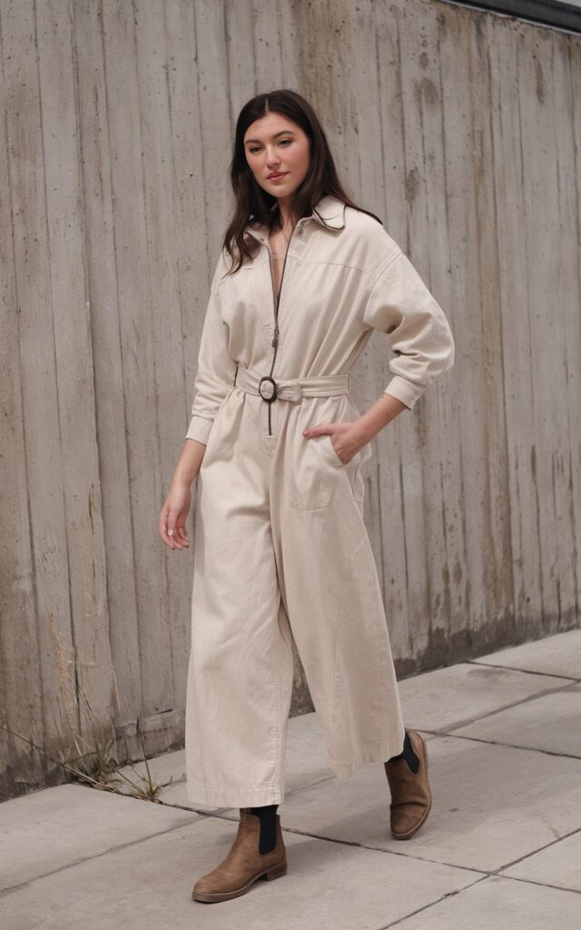 A natural-looking young woman wearing a relaxed jumpsuit styled with clean, minimal accessories. Theme stylish outfits