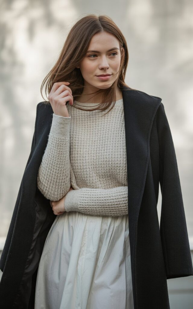A natural-looking young woman wearing a ribbed knit top with a white skirt and a long winter coat. Theme white skirt outfit winter