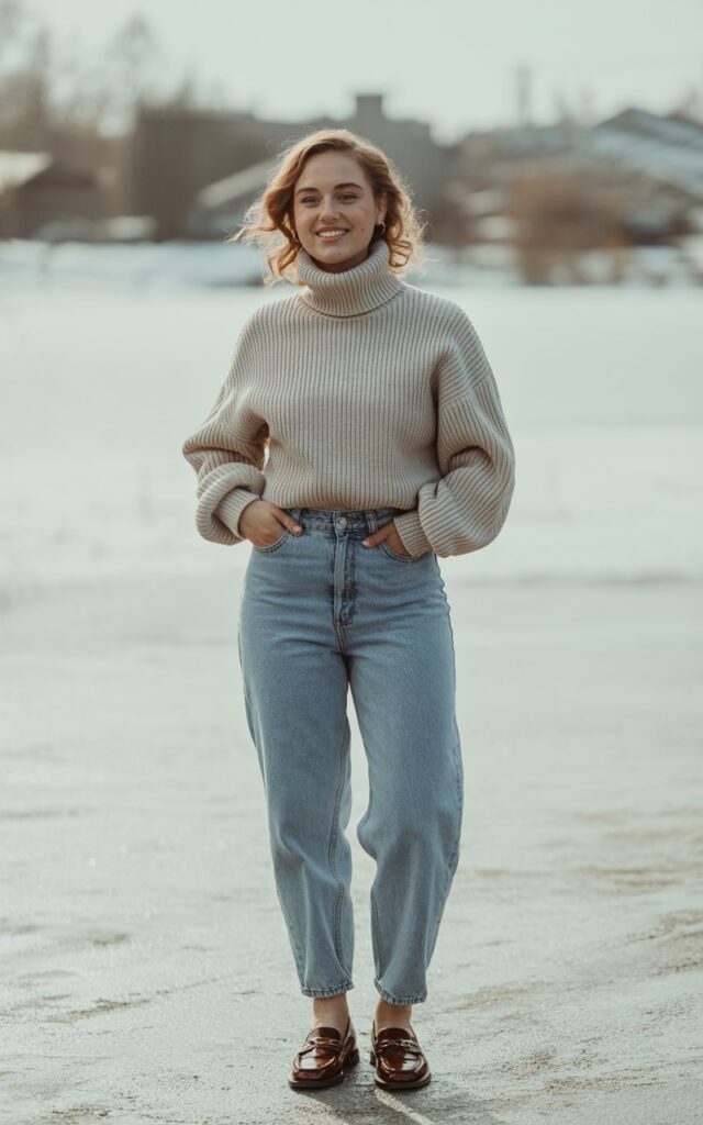 A natural-looking young woman wearing a ribbed turtleneck paired with mom jeans and loafers. Theme cute casual winter outfits