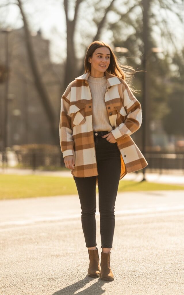 A natural-looking young woman wearing a shacket layered over a basic top with black jeans and boots. Theme cute casual winter outfits