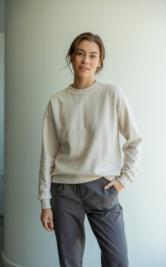 A natural-looking young woman wearing a simple crewneck sweater paired with ankle-length trousers. Theme casual work outfits