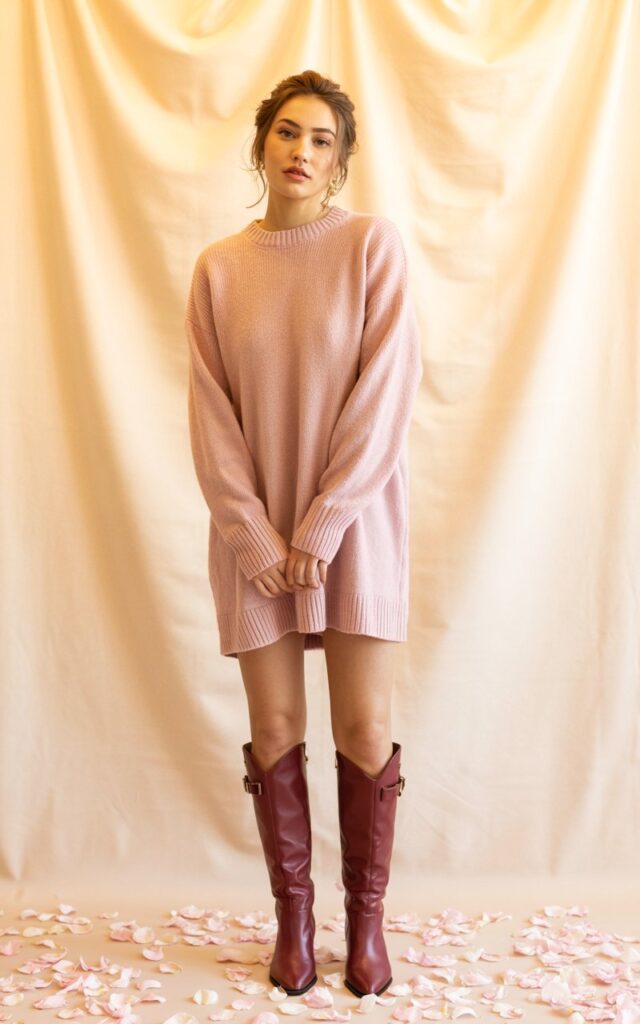 A natural-looking young woman wearing a simple sweater dress styled with statement boots. Theme valentines day outfits