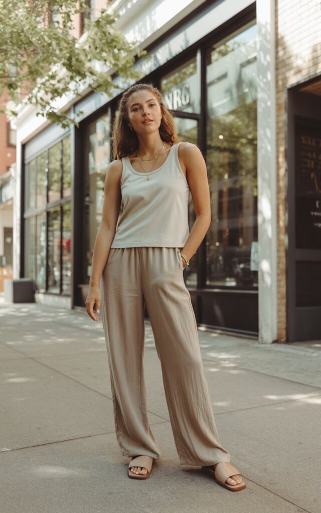 A natural-looking young woman wearing a simple tank top paired with breezy linen pants and slide sandals. Theme downtown outfits