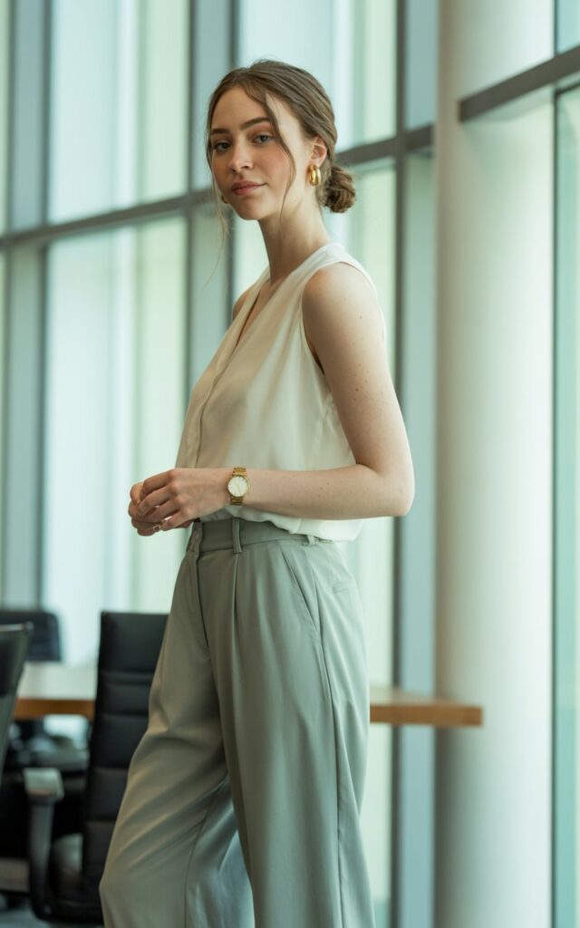 A natural-looking young woman wearing a sleeveless top paired with wide-leg pants. Theme casual work outfits