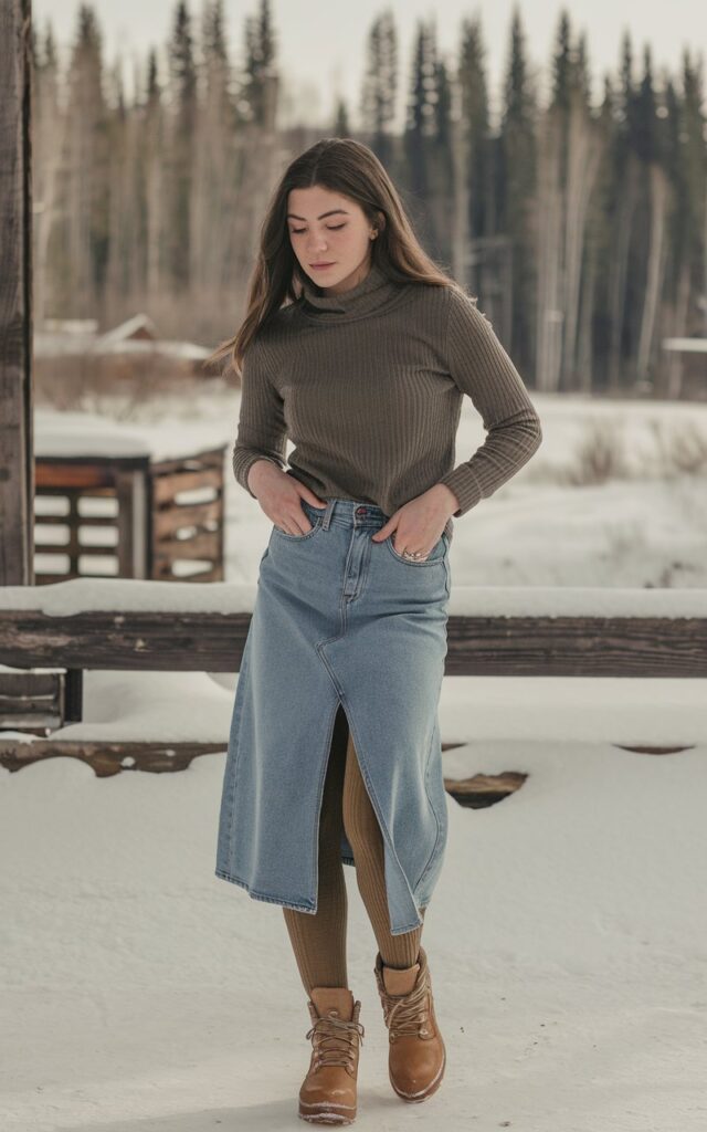 A natural-looking young woman wearing a slit denim skirt layered with thermal tights and a cozy winter top. Theme jean skirt outfits winter