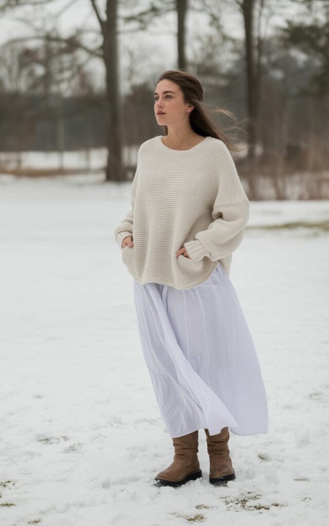 A natural-looking young woman wearing a slouchy oversized sweater paired with a white maxi skirt and winter boots. Theme white skirt outfit winter