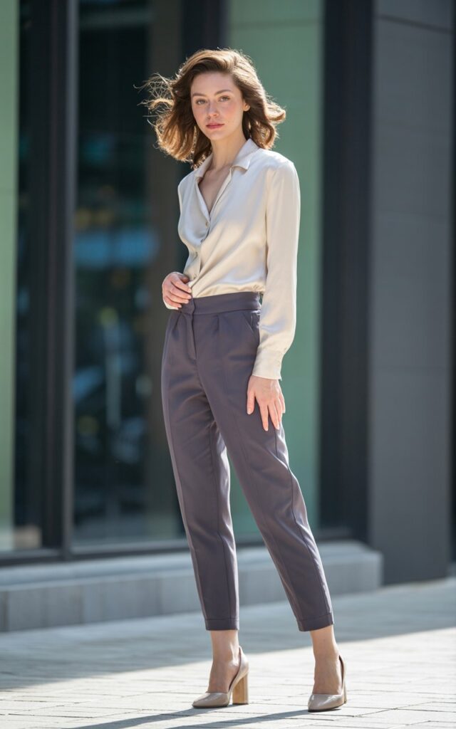 A natural-looking young woman wearing a soft blouse tucked into tailored ankle pants. Theme stylish outfits