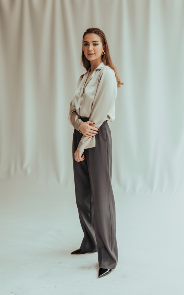 A natural-looking young woman wearing a soft blouse tucked into wide-leg trousers with pointed flats. Theme semi formal outfits for women