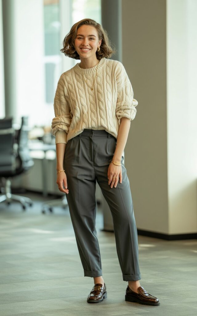 A natural-looking young woman wearing a soft knit sweater tucked into high-waisted work pants. Theme casual work outfits