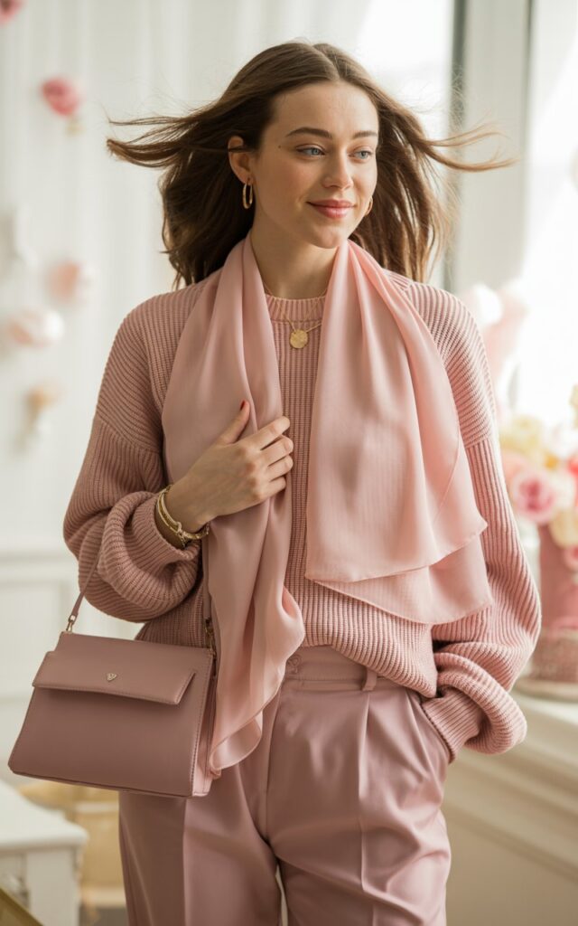 A natural-looking young woman wearing a soft pink monochrome outfit with mixed textures. Theme valentines day outfits