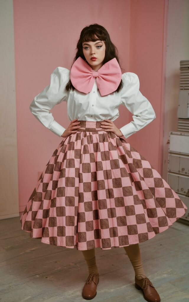 A natural-looking young woman wearing a statement bow on her collar or in her hair. Theme 80s outfits