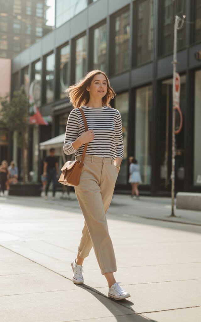 A natural-looking young woman wearing a striped top paired with neutral-toned pants and casual footwear. Theme downtown outfits