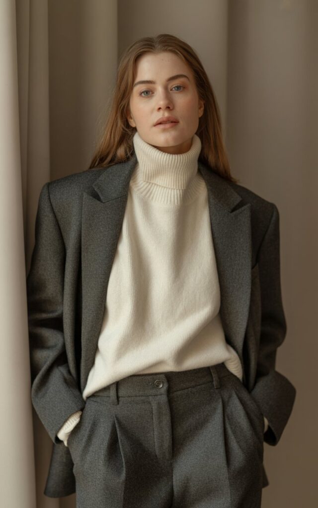 A natural-looking young woman wearing a structured blazer layered over a soft cashmere sweater and tailored bottoms. Theme winter outfits aesthetic