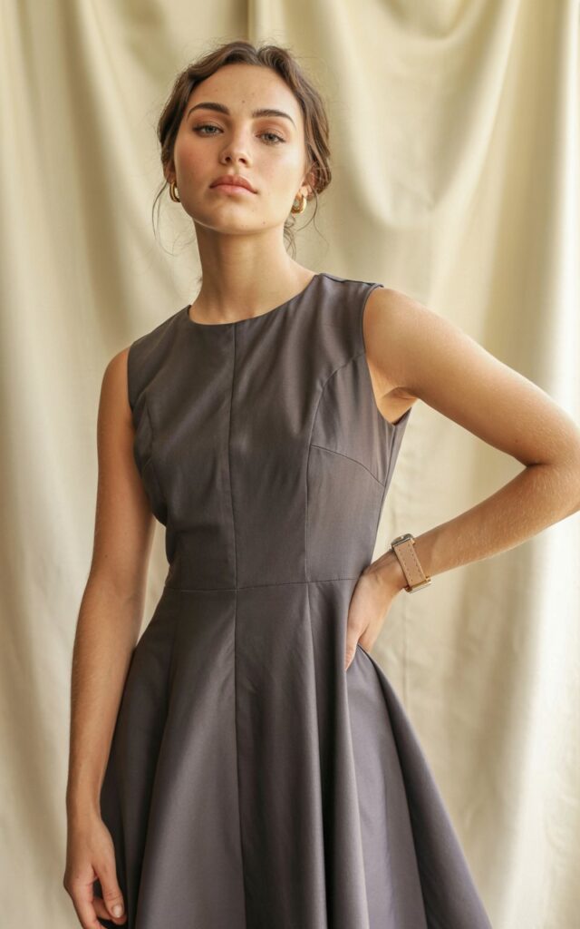A natural-looking young woman wearing a structured dress styled with minimal jewelry and clean lines. Theme semi formal outfits for women