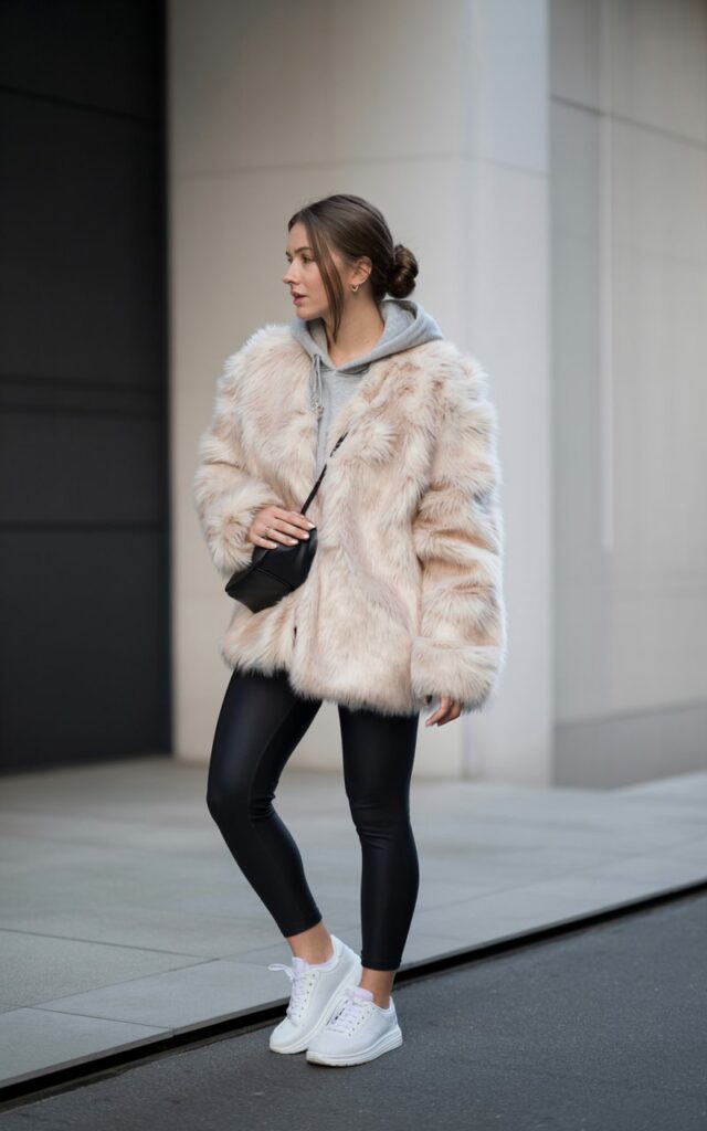 A natural-looking young woman wearing a structured faux fur coat styled with modern athleisure staples. Theme faux fur coat outfit