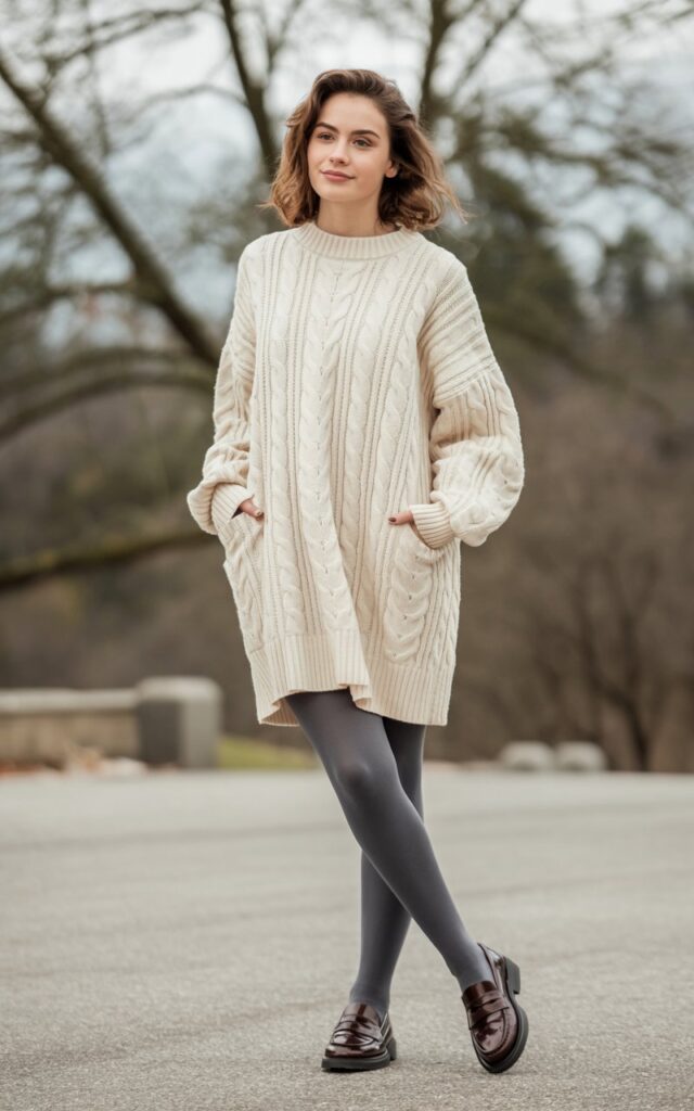 A natural-looking young woman wearing a sweater dress paired with tights and loafers. Theme winter outfits aesthetic