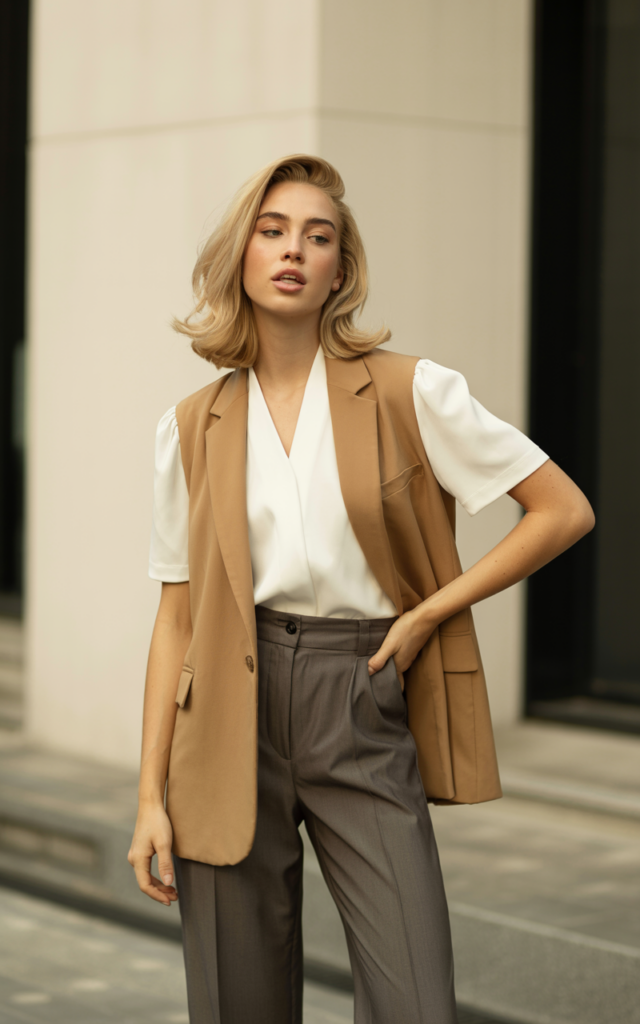 A natural-looking young woman wearing a tailored vest styled with straight-leg trousers. Theme rachel green outfits