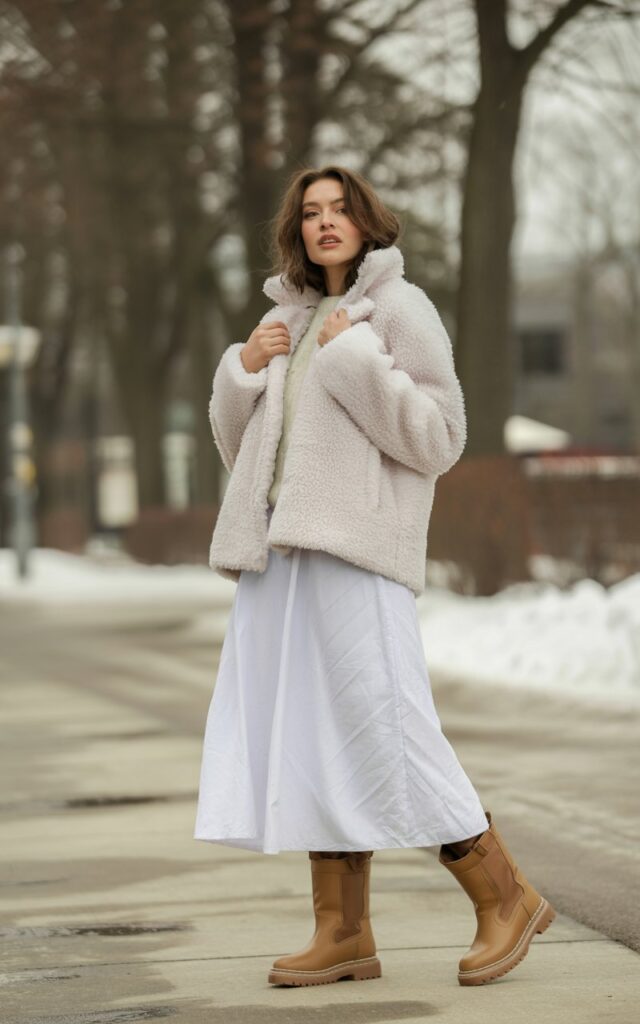 A natural-looking young woman wearing a teddy coat layered over a knit top and white skirt with winter boots. Theme white skirt outfit winter