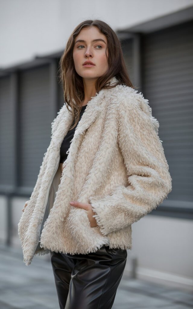 A natural-looking young woman wearing a textured faux fur coat paired with leather pants for an edgy look. Theme faux fur coat outfit