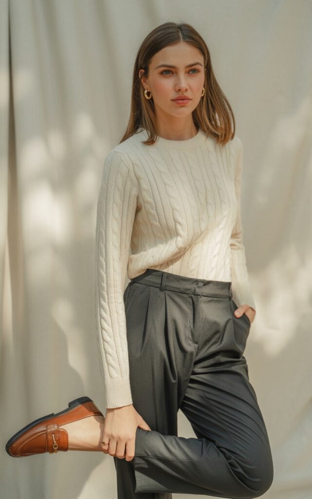 A natural-looking young woman wearing a textured top styled with tailored trousers and polished footwear. Theme semi formal outfits for women