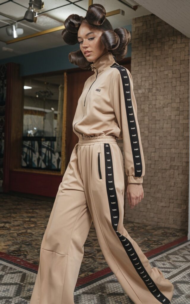 A natural-looking young woman wearing a tracksuit styled with a fashion-forward twist. Theme 80s outfits