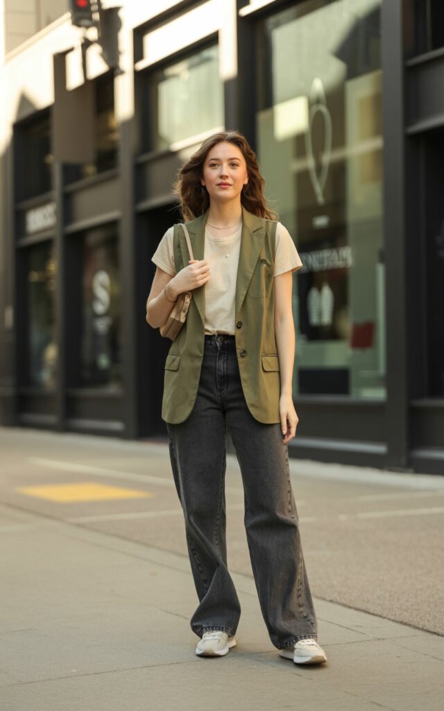 A natural-looking young woman wearing a trendy vest layered over a basic top with classic denim jeans. Theme downtown outfits