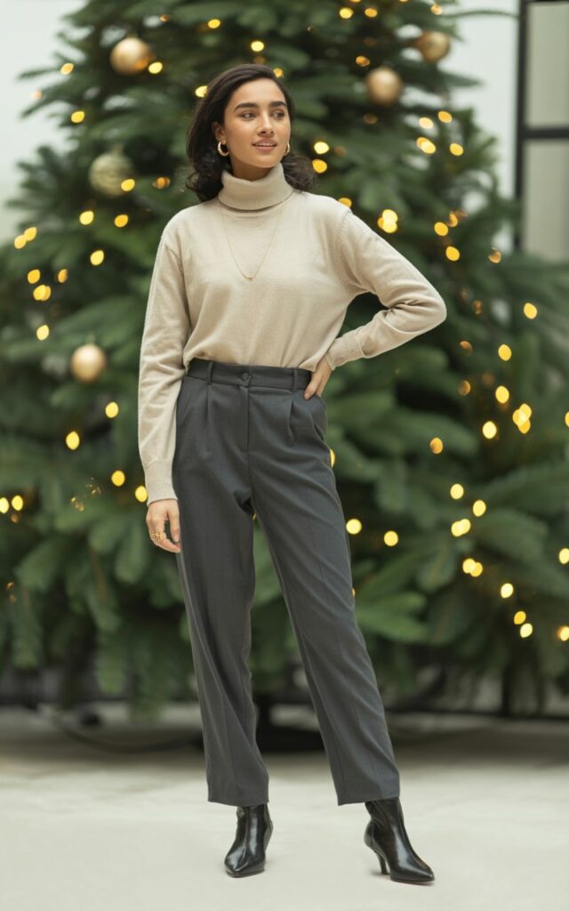 A natural-looking young woman wearing a turtleneck dressed up with tailored pants and boots. Theme christmas party outfits