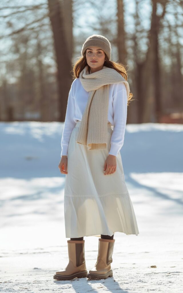 A natural-looking young woman wearing a white skirt outfit styled with a chunky knit scarf, beanie, and winter boots. Theme white skirt outfit winter