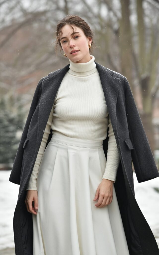 A natural-looking young woman wearing a white skirt styled with a fitted turtleneck and layered under a long wool coat. Theme white skirt outfit winter