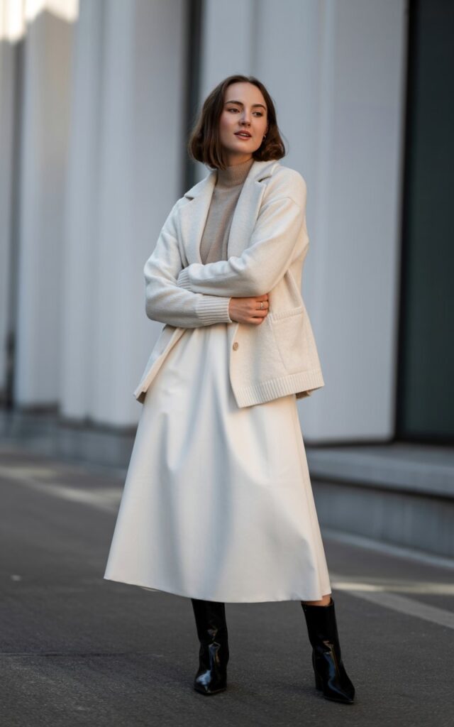 A natural-looking young woman wearing a white skirt styled with a knit blazer, layered winter top, and ankle boots. Theme white skirt outfit winter