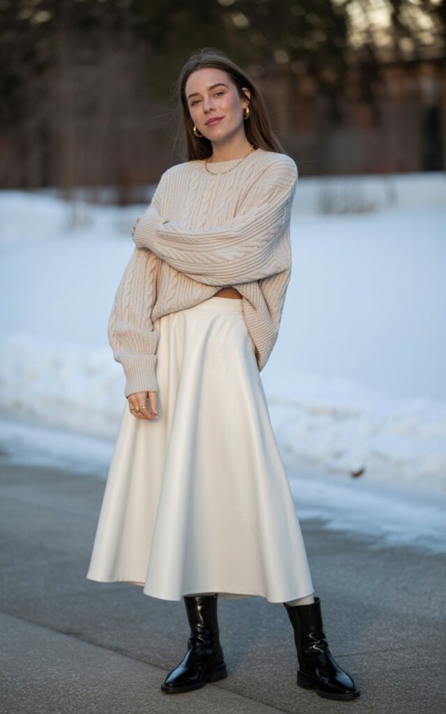 A natural-looking young woman wearing a white skirt styled with structured ankle boots and a cozy winter top. Theme white skirt outfit winter