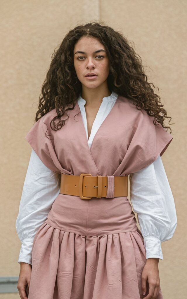 A natural-looking young woman wearing a wide belt cinched over her outfit. Theme 80s outfits