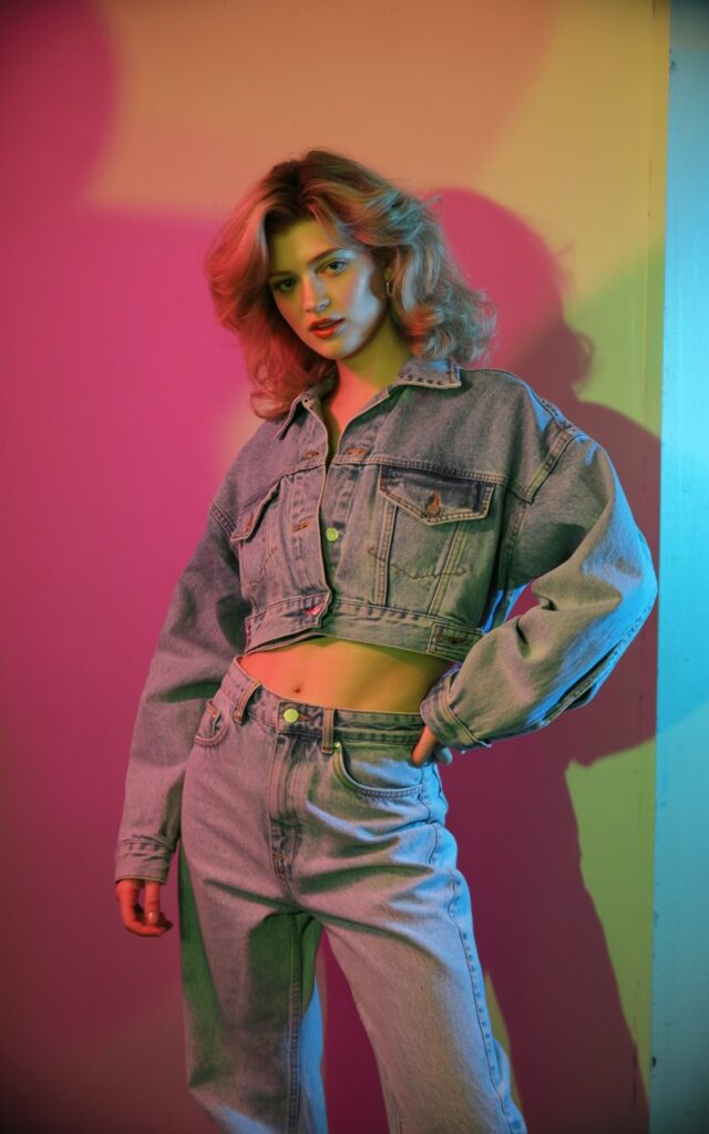 A natural-looking young woman wearing acid-wash jeans paired with a cropped jacket. Theme 80s outfits
