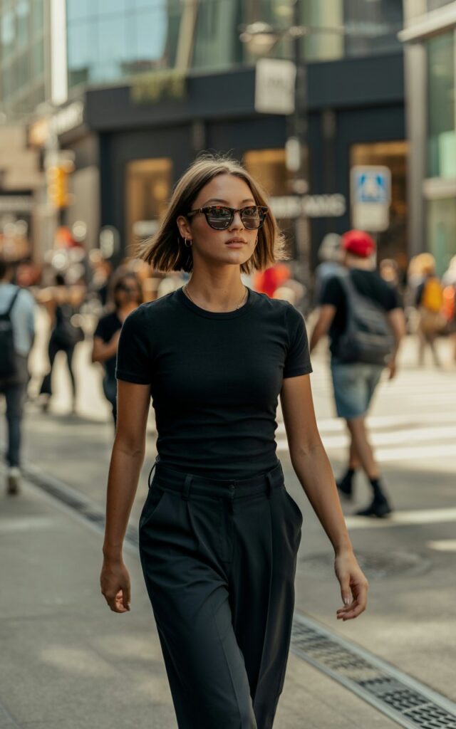 A natural-looking young woman wearing an all-black outfit with a basic tee, tailored trousers, and stylish sunglasses. Theme downtown outfits