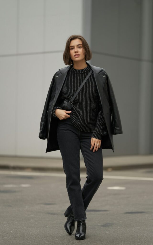 A natural-looking young woman wearing an all-black outfit with mixed textures like knit, leather, and denim. Theme stylish outfits