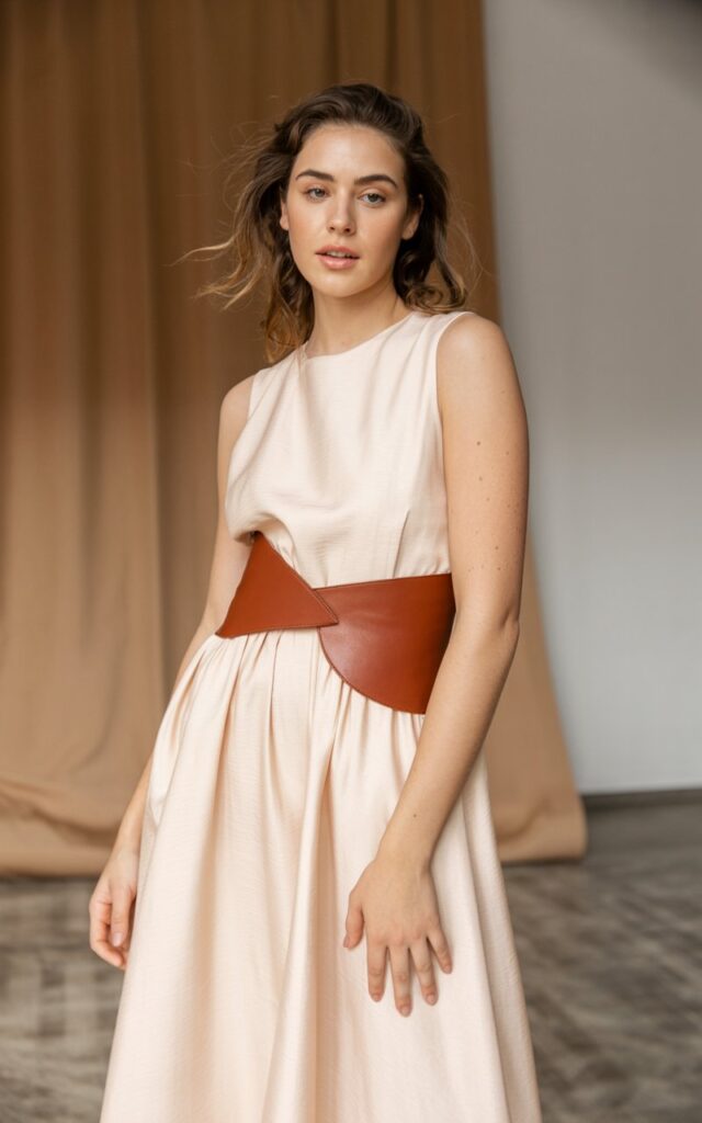 A natural-looking young woman wearing an easy-flowing dress cinched with a structured belt. Theme stylish outfits