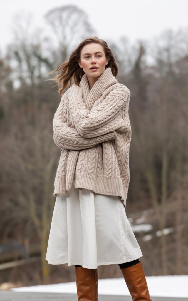 A natural-looking young woman wearing an oversized cable-knit cardigan styled with a white skirt and winter boots. Theme white skirt outfit winter