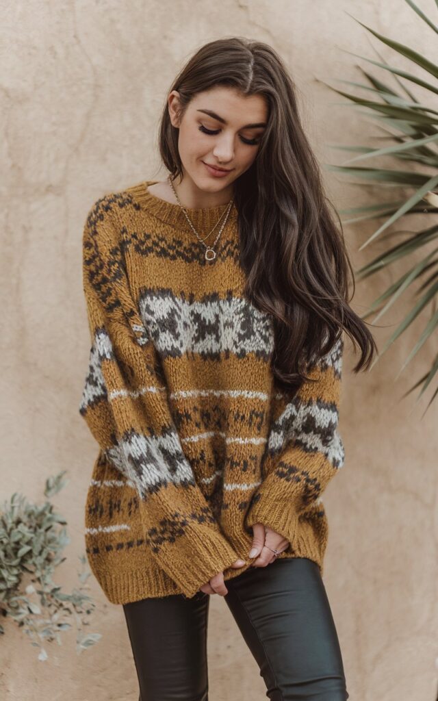 A natural-looking young woman wearing an oversized chunky knit sweater styled with classic black leggings and ankle boots. Theme legging outfits winter