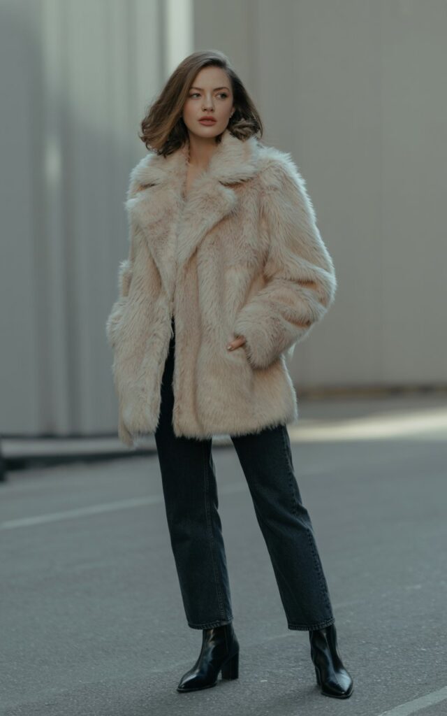 A natural-looking young woman wearing an oversized faux fur coat with straight-leg jeans and ankle boots. Theme faux fur coat outfit