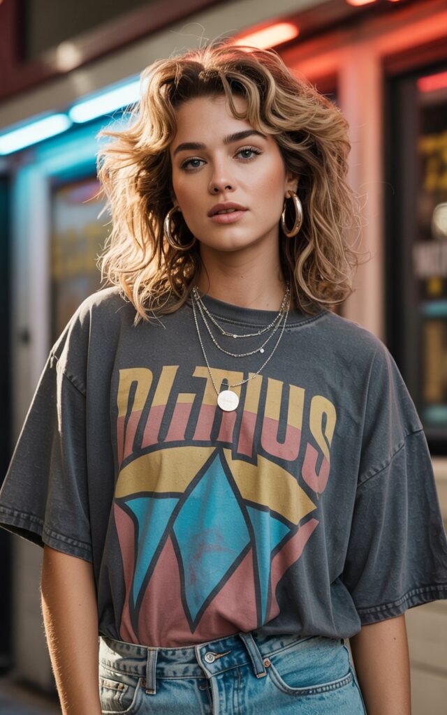A natural-looking young woman wearing an oversized graphic tee styled as a statement piece. Theme 80s outfits
