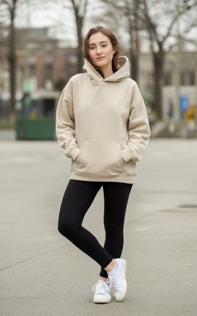 A natural-looking young woman wearing an oversized hoodie styled with leggings and classic white sneakers. Theme cute casual winter outfits
