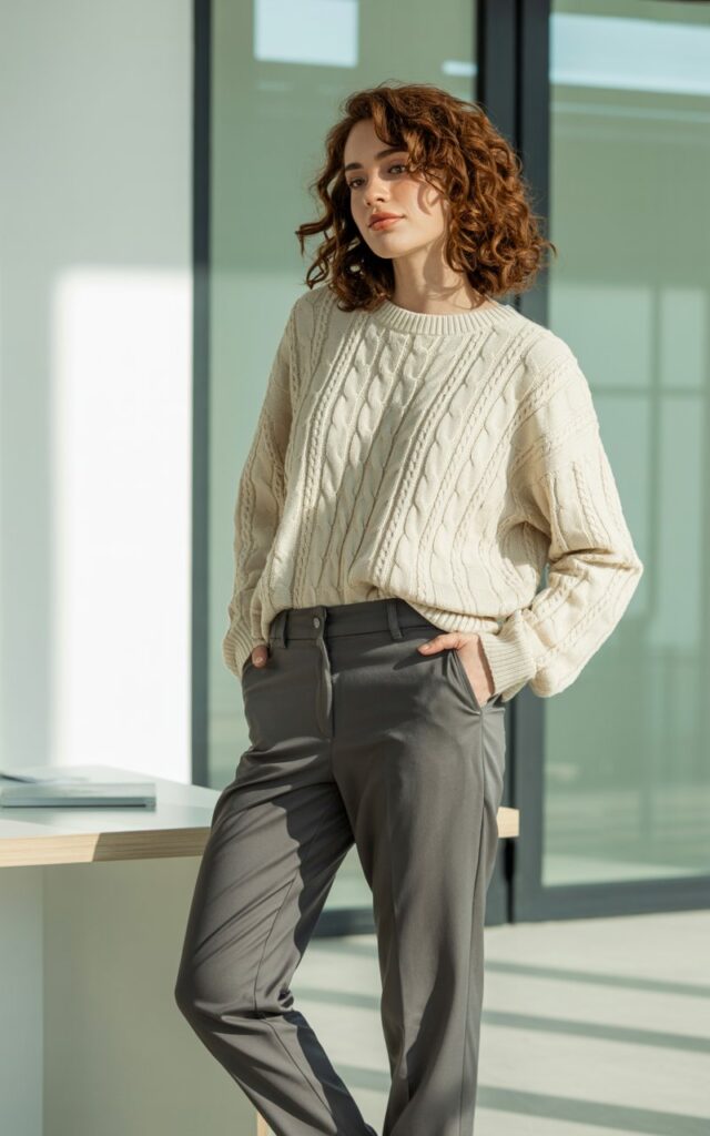 A natural-looking young woman wearing an oversized sweater balanced with slim-fit pants. Theme casual work outfits