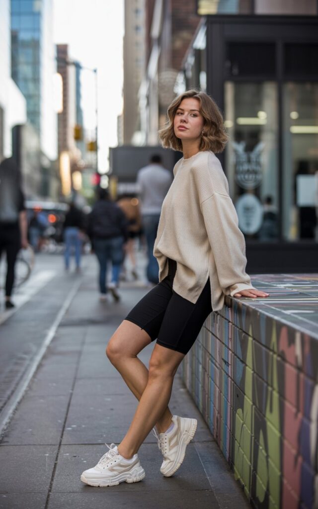 A natural-looking young woman wearing an oversized sweater paired with biker shorts and chunky sneakers. Theme downtown outfits